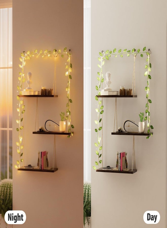 MASHDE Hanging Shelves for Wall, 3 Tier Boho Wall Decor Hanging Shelf with Vine Lights, Rope Rustic Wood Floating Shelves Floral Plant Decor for Bedroom Living Room Dorm Office Women - Image 5